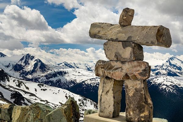 Canada-British Columbia Garibaldi Provincial Park Inukshuk stone figure close-up and mountains